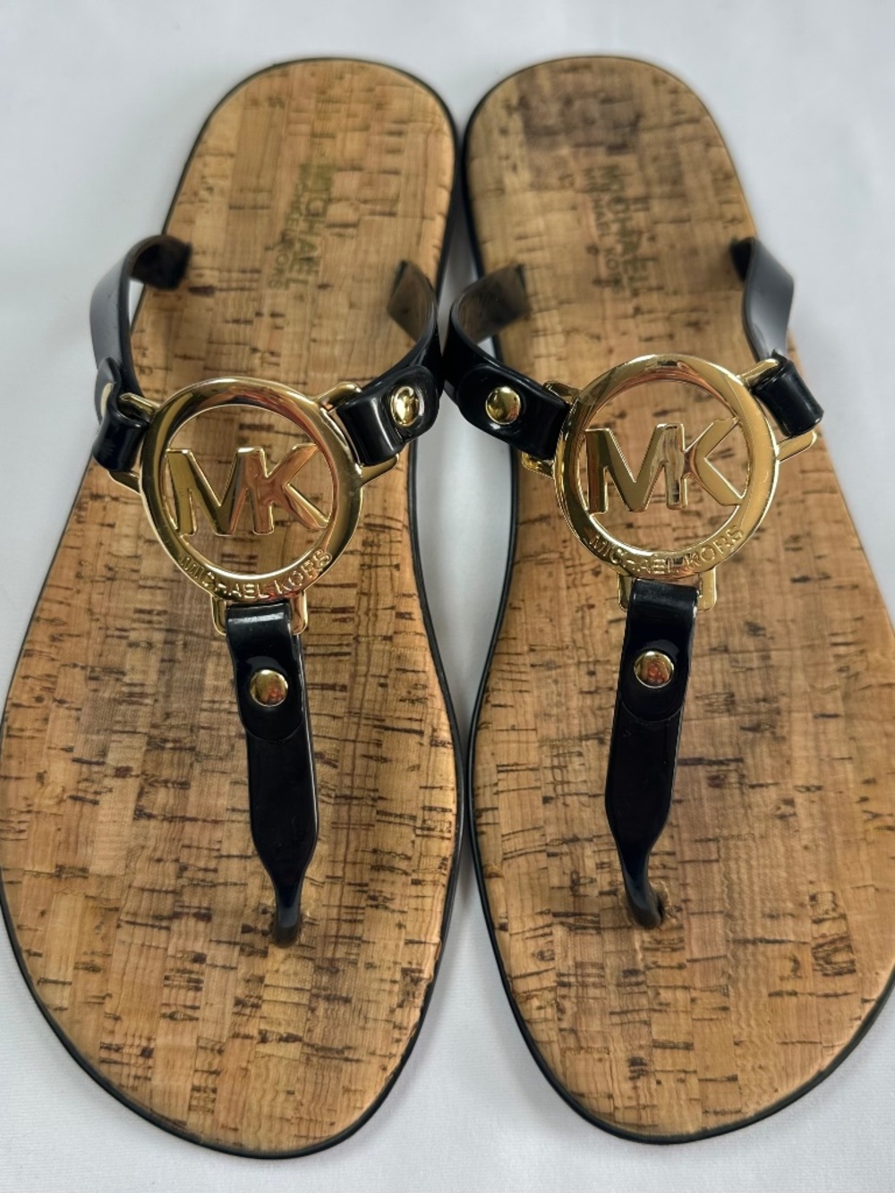 MICHAEL Michael Kors Black Jelly Thong Cork Insole Gold MK Logo Sandal Size 7